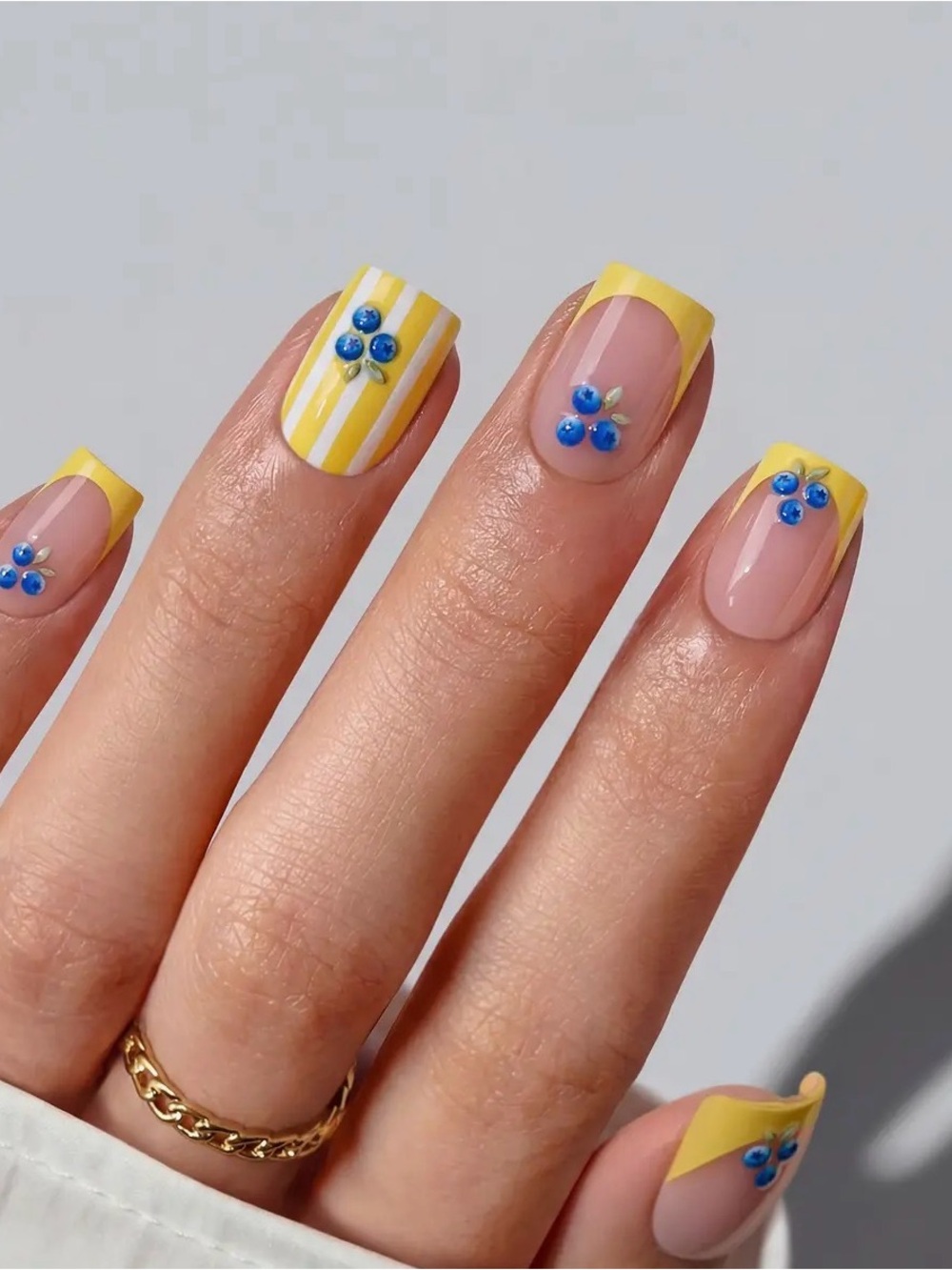 BTArtbox Nails Yellow French Tip Nail Art with Blueberry Accents